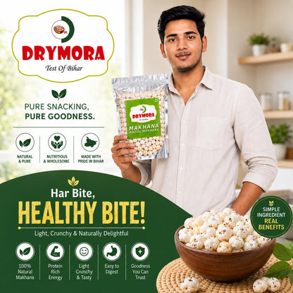 DRYMORA Plain Makhana, Puffed Snack, Gluten Free, Natural Fox Nuts, Multiple Sizes Available - packaging