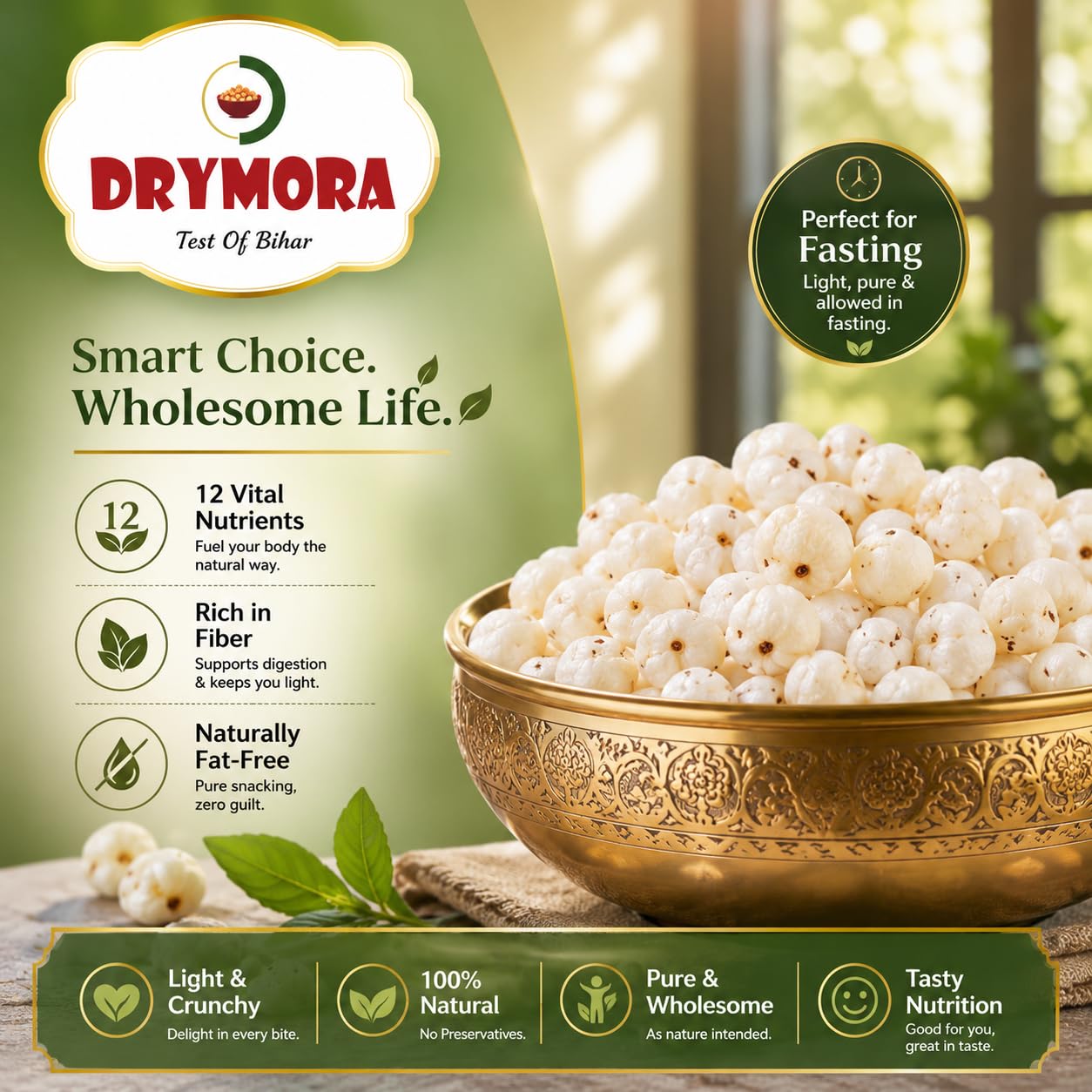 DRYMORA Plain Makhana, Puffed Snack, Gluten Free, Natural Fox Nuts, Multiple Sizes Available - label detail