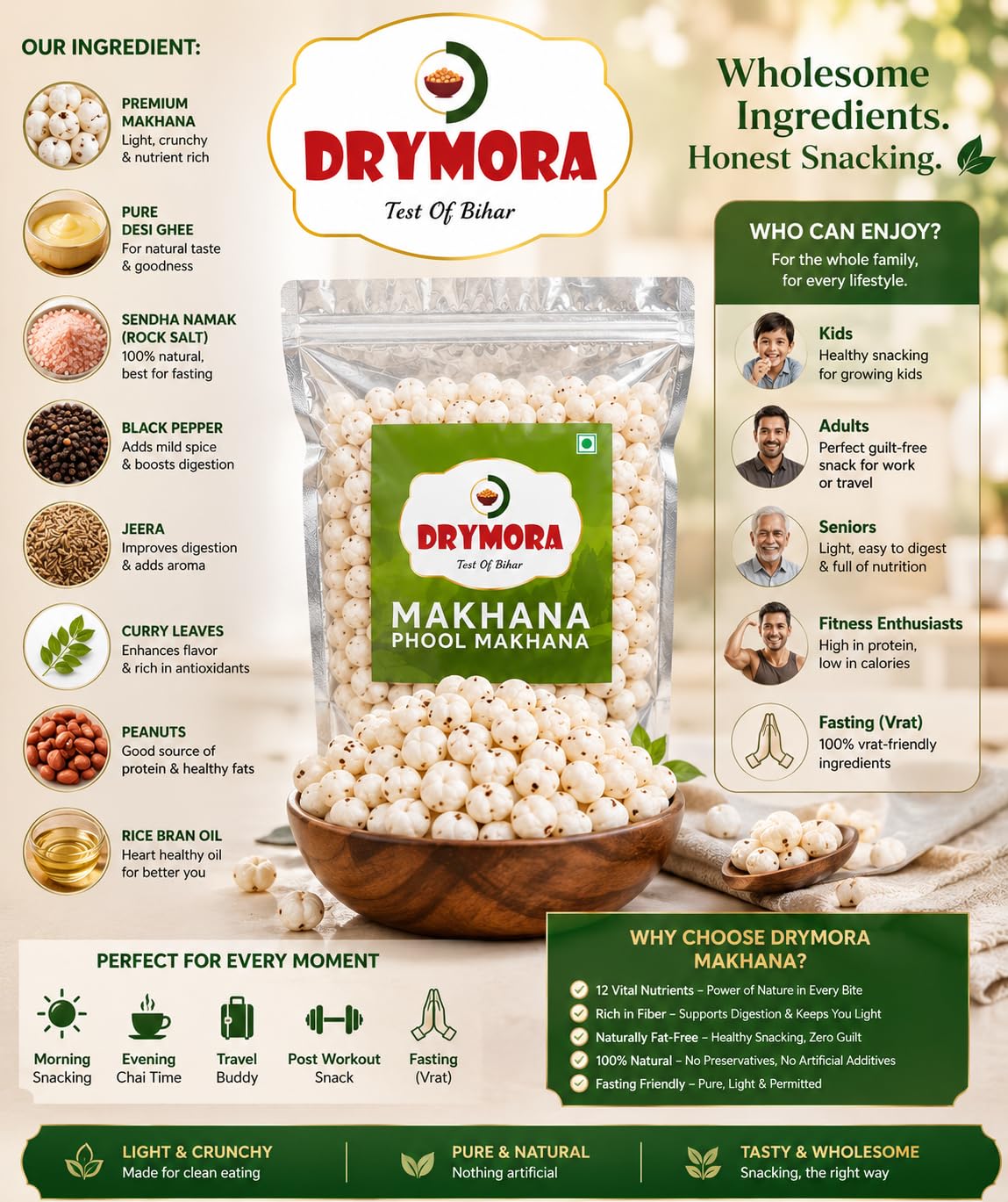 DRYMORA Plain Makhana, Puffed Snack, Gluten Free, Natural Fox Nuts, Multiple Sizes Available - ingredients panel