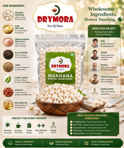 DRYMORA Plain Makhana, Puffed Snack, Gluten Free, Natural Fox Nuts, Multiple Sizes Available - ingredients panel