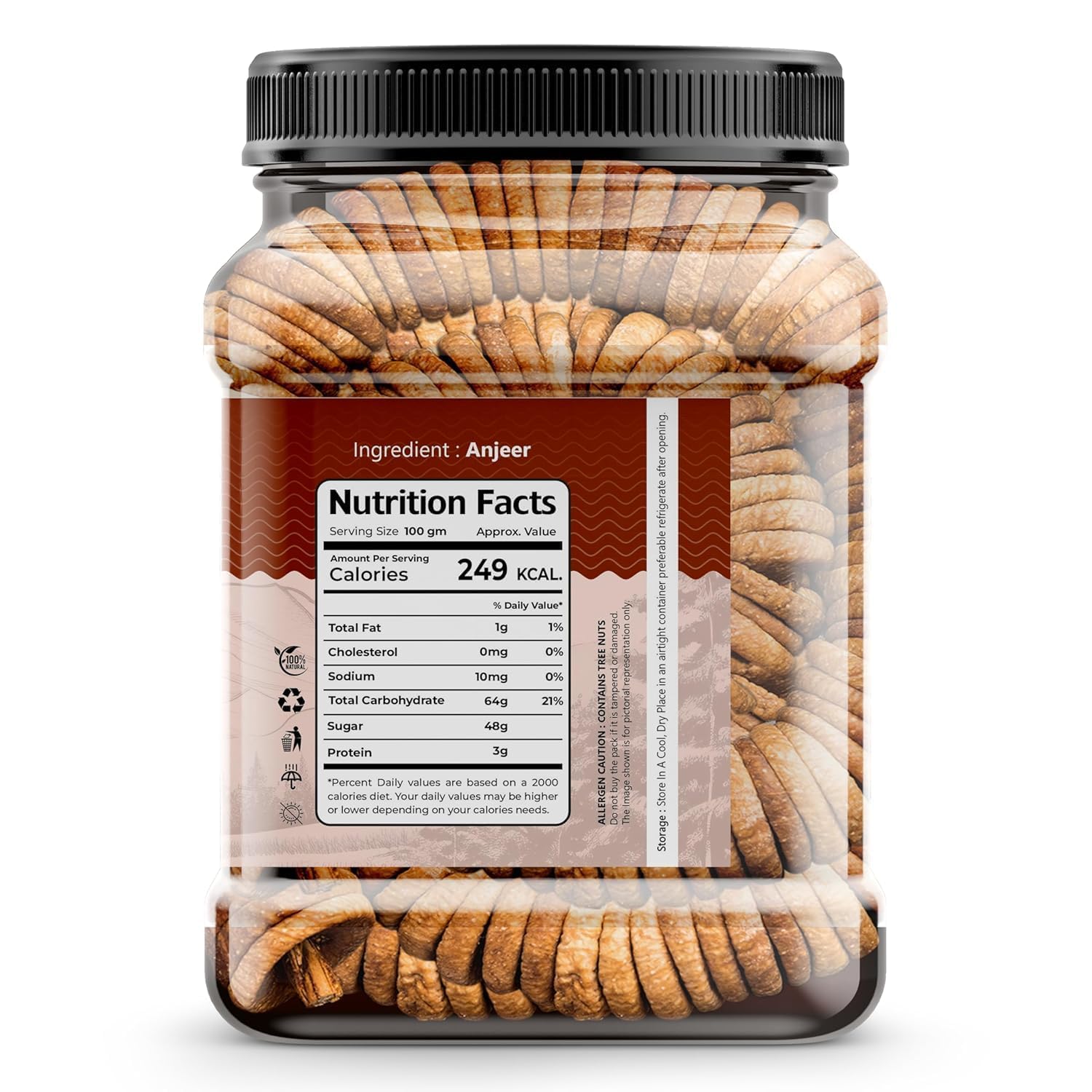 Earthy Eats Afghani Anjeer Soft Dried Figs, 1kg Jar, No Added Sugar, Non-GMO, Preservative-Free - front view