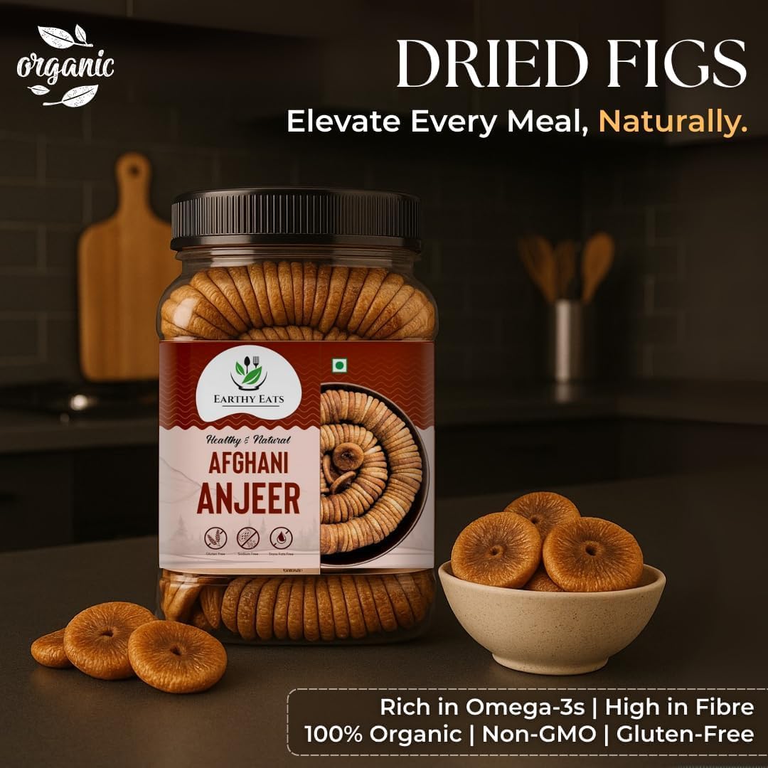 Earthy Eats Afghani Anjeer Soft Dried Figs, 1kg Jar, No Added Sugar, Non-GMO, Preservative-Free - packaging