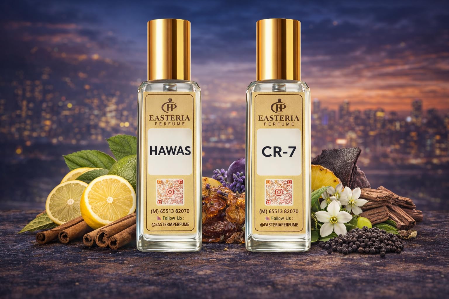 EASTERIA PERFUME Hawas & CR7 Inspired Perfume Combo Pack for Men, 20ml x 2, Fresh Aquatic & Sporty Fragrance Set - label deta