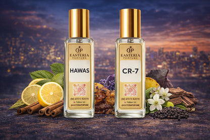 EASTERIA PERFUME Hawas & CR7 Inspired Perfume Combo Pack for Men, 20ml x 2, Fresh Aquatic & Sporty Fragrance Set - label deta