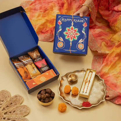Eat Better Co Bandhan Rakhi Gift Hamper for Brother, 10-Item Snack Gift Set with 2 Rakhis, Chocolate Coated Cashews, Almonds 