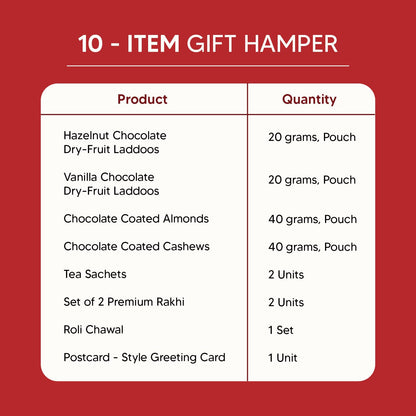 Eat Better Co Bandhan Rakhi Gift Hamper for Brother, 10-Item Snack Gift Set with 2 Rakhis, Chocolate Coated Cashews, Almonds 
