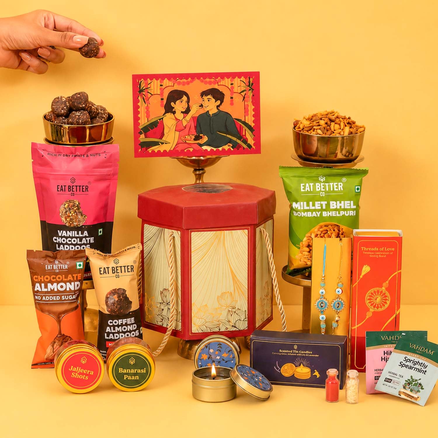 Eat Better Co Pyaar Ka Pitara 14-Item Rakhi Gift Hamper for Brother and Bhabhi, Includes Rakhi & Bracelet, Dry-Fruit Laddoos,