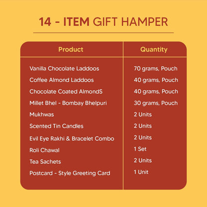 Eat Better Co Pyaar Ka Pitara 14-Item Rakhi Gift Hamper for Brother and Bhabhi, Includes Rakhi & Bracelet, Dry-Fruit Laddoos,