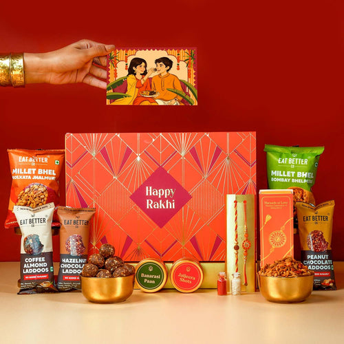 Eat Better Co Sneh Rakhi Gift Hamper for Brother, 11 Items, 2 Rakhis, Chocolate Laddoos, Millet Bhel, Roli-Chawal, Mukhwas