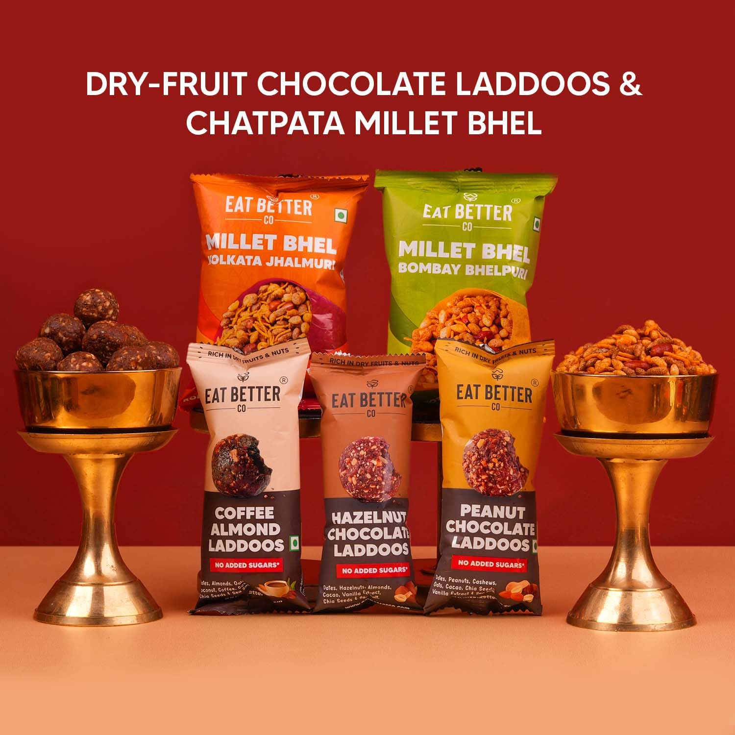 Eat Better Co Sneh Rakhi Gift Hamper for Brother, 11 Items, 2 Rakhis, Chocolate Laddoos, Millet Bhel, Roli-Chawal, Mukhwas - 