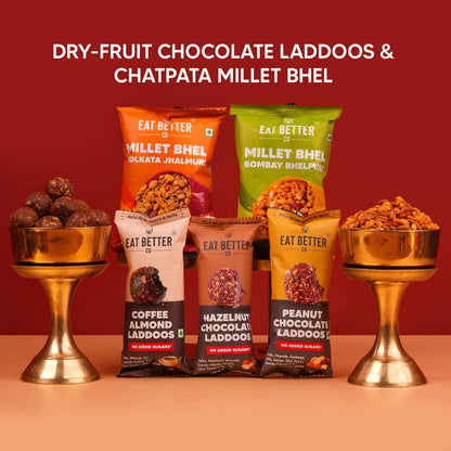 Eat Better Co Sneh Rakhi Gift Hamper for Brother, 11 Items, 2 Rakhis, Chocolate Laddoos, Millet Bhel, Roli-Chawal, Mukhwas - 