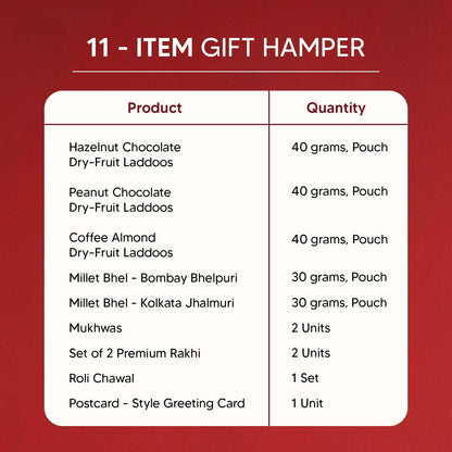 Eat Better Co Sneh Rakhi Gift Hamper for Brother, 11 Items, 2 Rakhis, Chocolate Laddoos, Millet Bhel, Roli-Chawal, Mukhwas - 