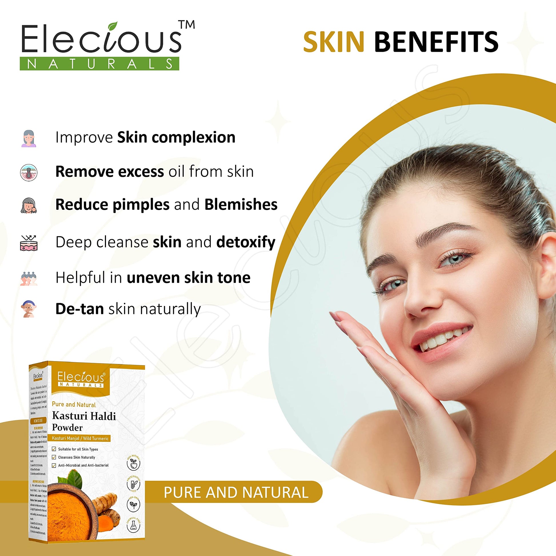Elecious Kasturi Haldi Powder, Triple-Filtered Microfine Wild Turmeric Face Pack, 100g - back view