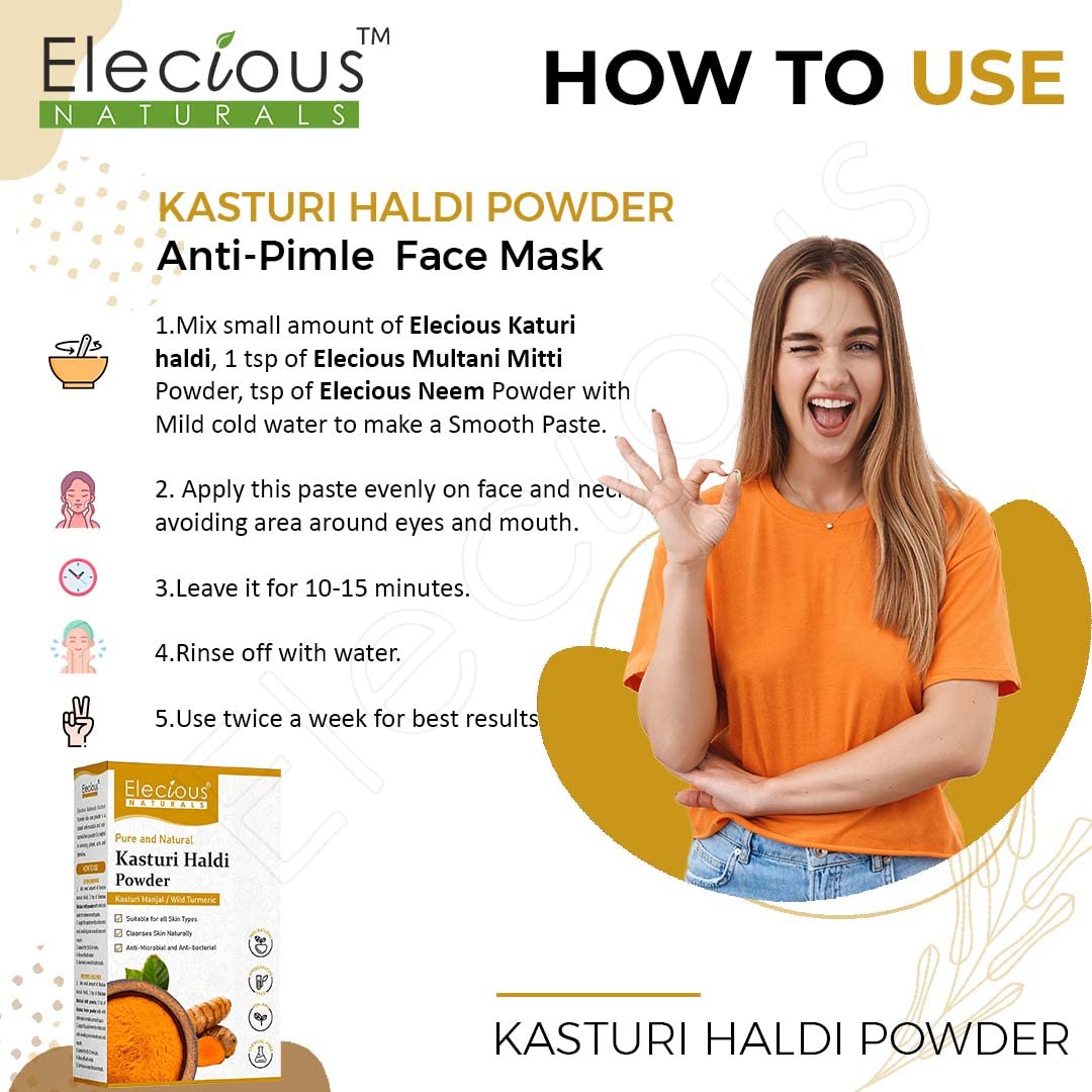 Elecious Kasturi Haldi Powder, Triple-Filtered Microfine Wild Turmeric Face Pack, 100g - packaging