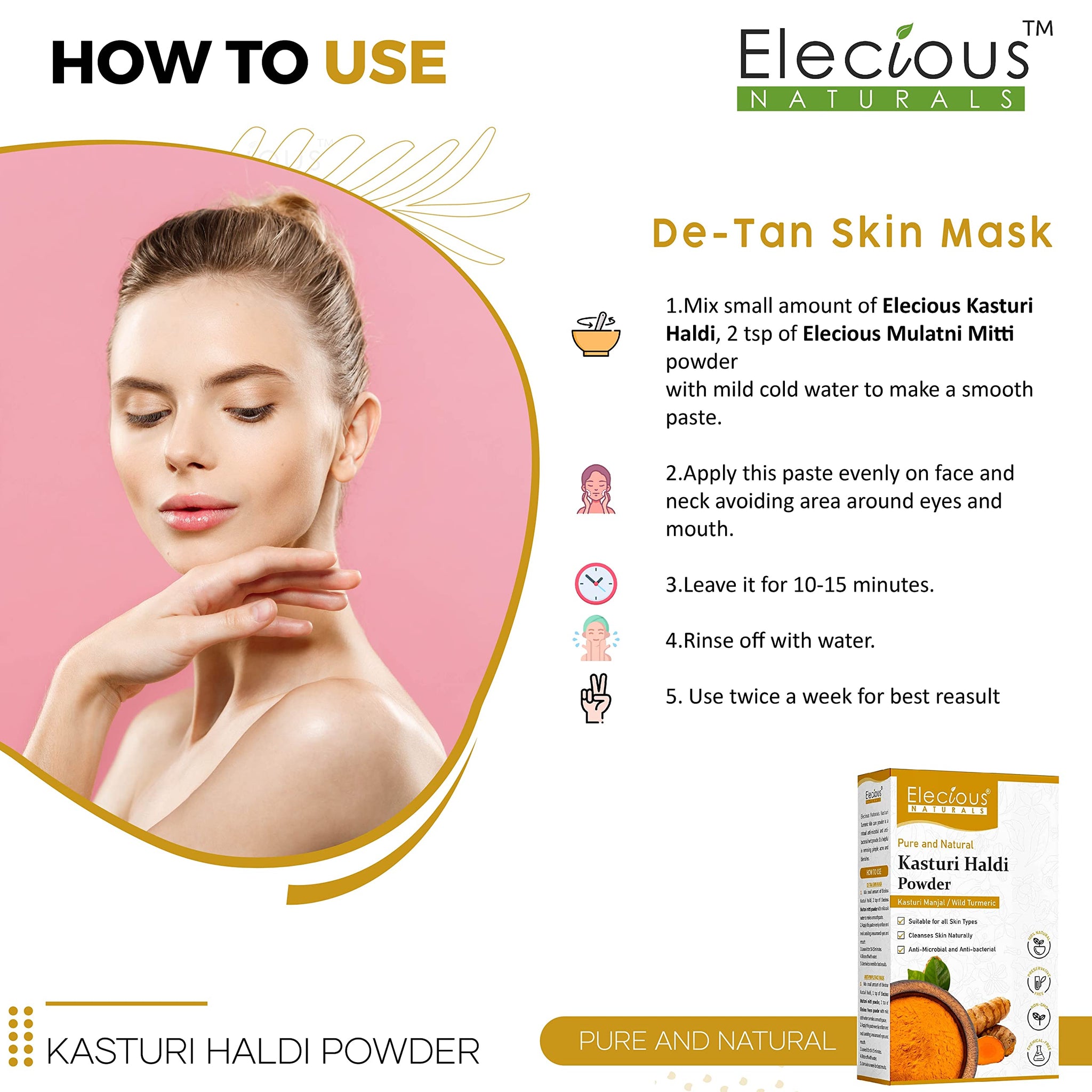 Elecious Kasturi Haldi Powder, Triple-Filtered Microfine Wild Turmeric Face Pack, 100g - label detail