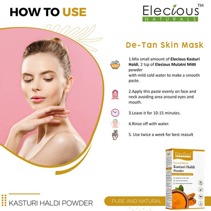 Elecious Kasturi Haldi Powder, Triple-Filtered Microfine Wild Turmeric Face Pack, 100g - label detail