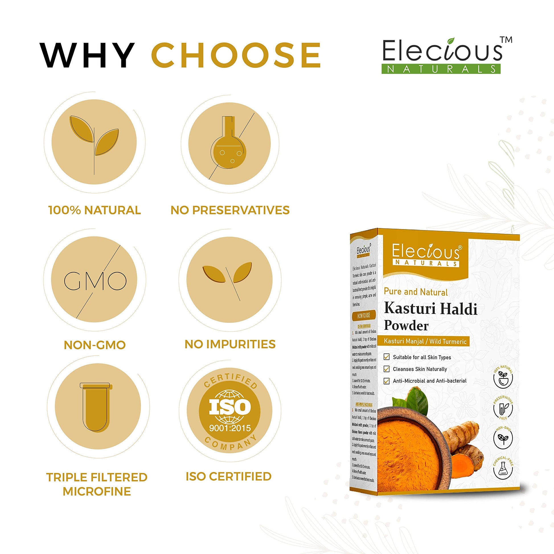 Elecious Kasturi Haldi Powder, Triple-Filtered Microfine Wild Turmeric Face Pack, 100g - ingredients panel