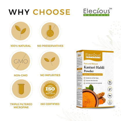 Elecious Kasturi Haldi Powder, Triple-Filtered Microfine Wild Turmeric Face Pack, 100g - ingredients panel