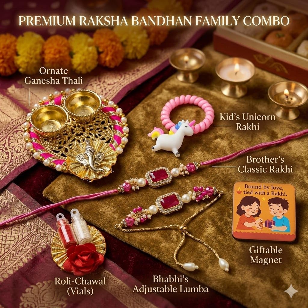 ELIKRAFT Decorative Fridge Magnet for Refrigerator Decor | Free Blue Stone Lumba Rakhi Set for Bhaiya Bhabhi with Rakhi for B