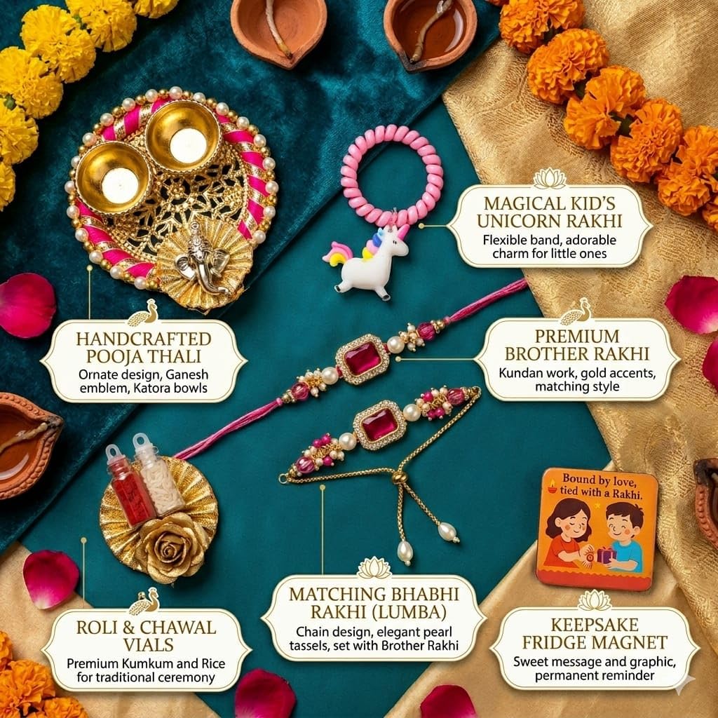 ELIKRAFT Decorative Fridge Magnet for Refrigerator Decor | Free Blue Stone Lumba Rakhi Set for Bhaiya Bhabhi with Rakhi for B