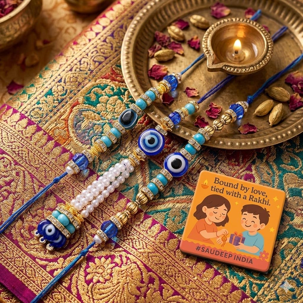 ELIKRAFT Decorative Fridge Magnet for Refrigerator Decor | Free Blue Stone Lumba Rakhi Set for Bhaiya Bhabhi with Rakhi for B