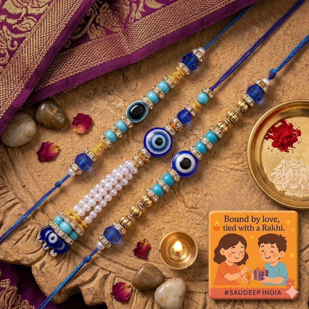 ELIKRAFT Decorative Fridge Magnet for Refrigerator Decor | Free Blue Stone Lumba Rakhi Set for Bhaiya Bhabhi with Rakhi for B