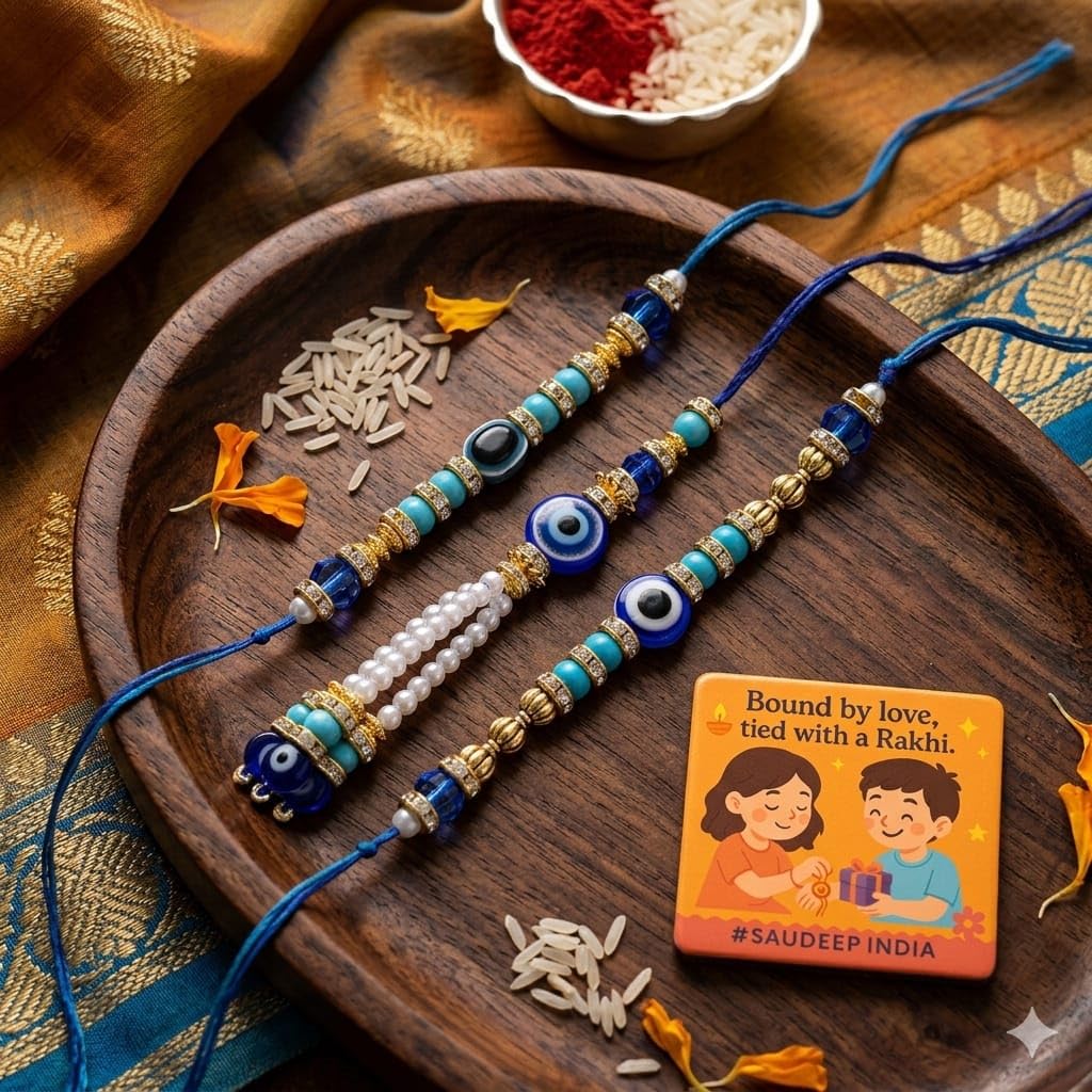 ELIKRAFT Decorative Fridge Magnet for Refrigerator Decor | Free Blue Stone Lumba Rakhi Set for Bhaiya Bhabhi with Rakhi for B