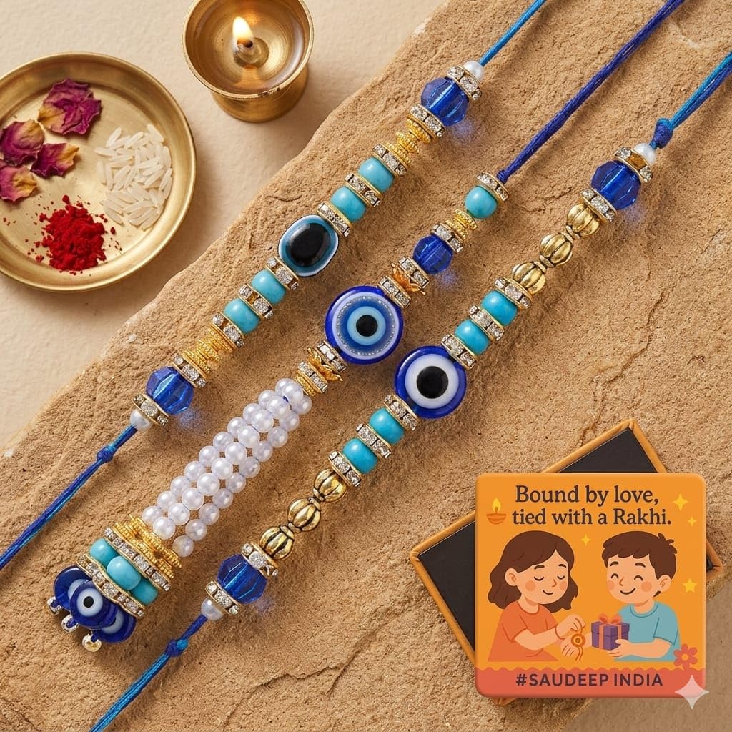 ELIKRAFT Decorative Fridge Magnet for Refrigerator Decor | Free Blue Stone Lumba Rakhi Set for Bhaiya Bhabhi with Rakhi for B