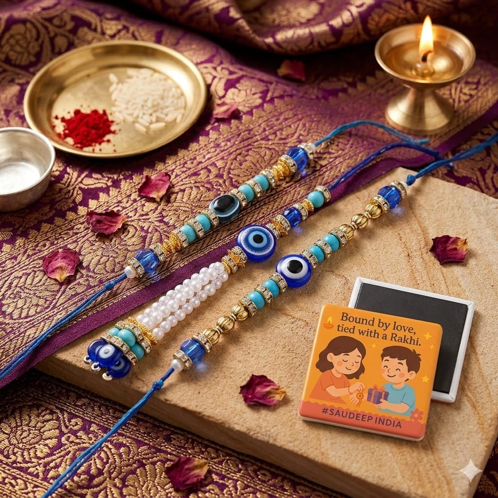 ELIKRAFT Decorative Fridge Magnet for Refrigerator Decor | Free Blue Stone Lumba Rakhi Set for Bhaiya Bhabhi with Rakhi for B