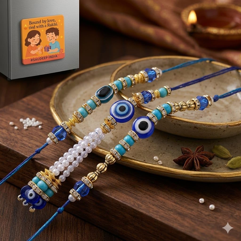 ELIKRAFT Decorative Fridge Magnet for Refrigerator Decor | Free Blue Stone Lumba Rakhi Set for Bhaiya Bhabhi with Rakhi for B