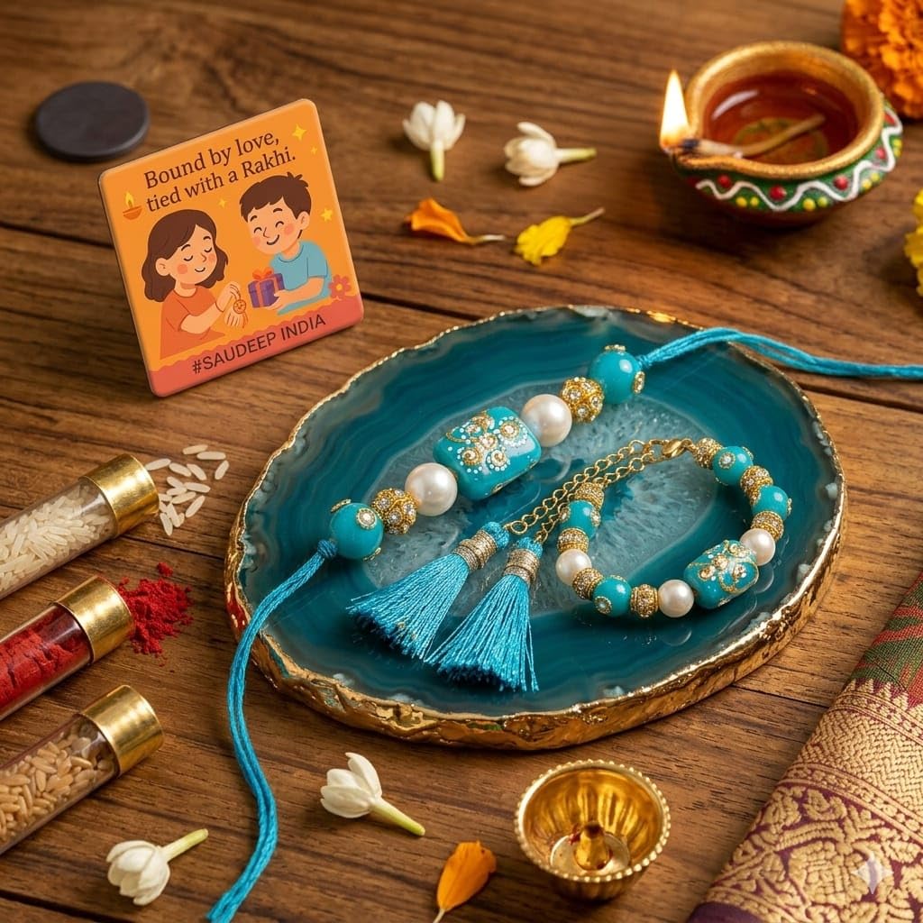 ELIKRAFT Decorative Fridge Magnet for Refrigerator Decor | Free Blue Stone Lumba Rakhi Set for Bhaiya Bhabhi with Rakhi for B