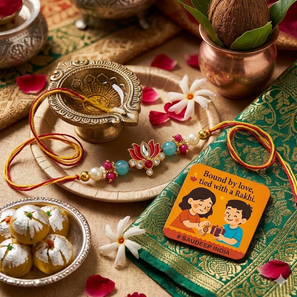 ELIKRAFT Decorative Fridge Magnet for Refrigerator Decor | Free Blue Stone Lumba Rakhi Set for Bhaiya Bhabhi with Rakhi for B