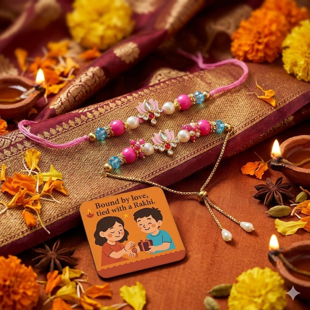 ELIKRAFT Decorative Fridge Magnet for Refrigerator Decor | Free Blue Stone Lumba Rakhi Set for Bhaiya Bhabhi with Rakhi for B