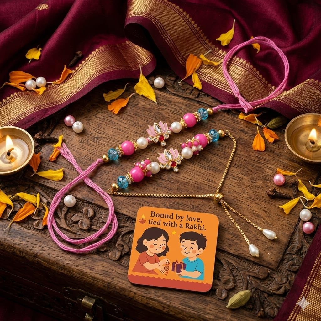 ELIKRAFT Decorative Fridge Magnet for Refrigerator Decor | Free Blue Stone Lumba Rakhi Set for Bhaiya Bhabhi with Rakhi for B