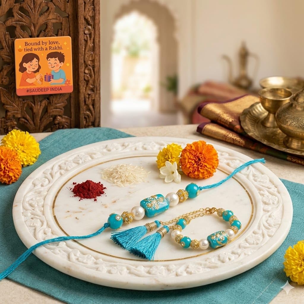 ELIKRAFT Decorative Fridge Magnet for Refrigerator Decor | Free Blue Stone Lumba Rakhi Set for Bhaiya Bhabhi with Rakhi for B