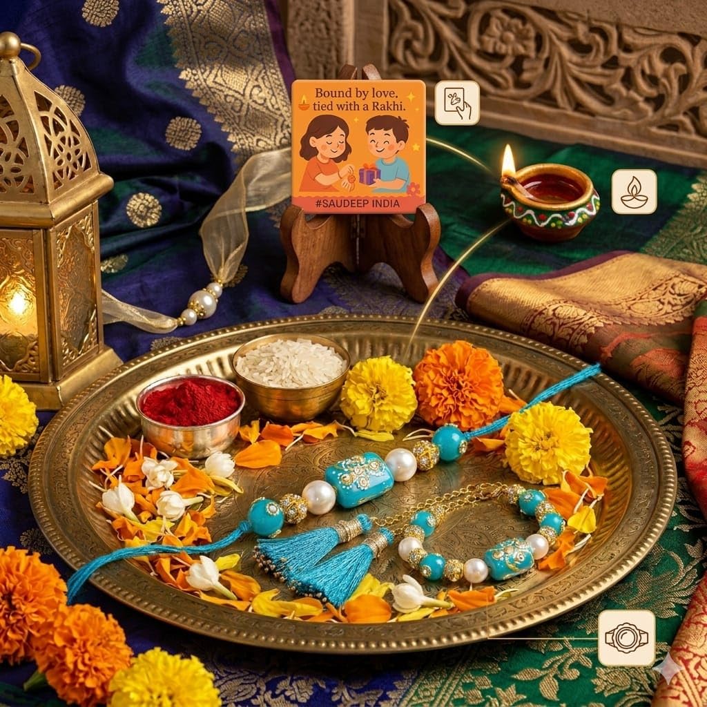 ELIKRAFT Decorative Fridge Magnet for Refrigerator Decor | Free Blue Stone Lumba Rakhi Set for Bhaiya Bhabhi with Rakhi for B