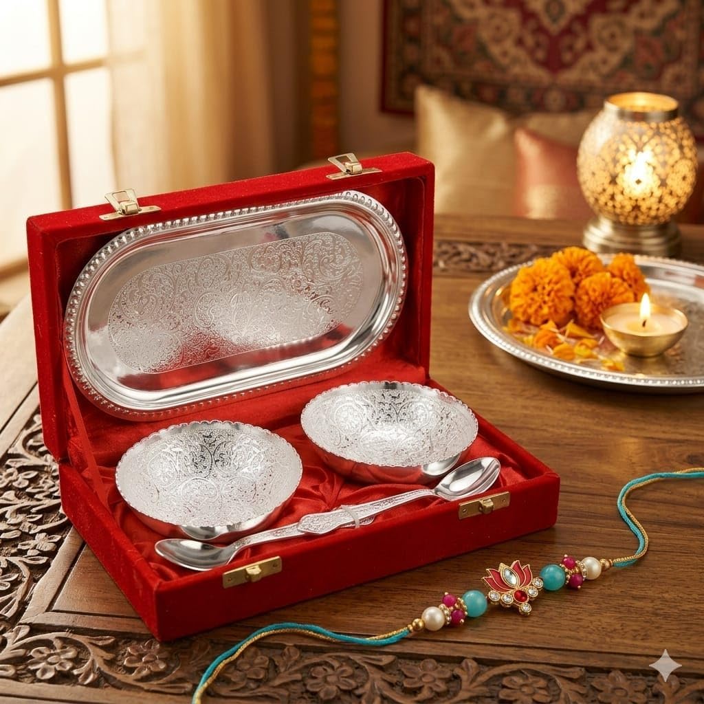 ELIKRAFT German Silver Floral Engraved Dry Fruit Serving Set with Velvet Box - Decorative Bowls and Tray Gift Set (10)