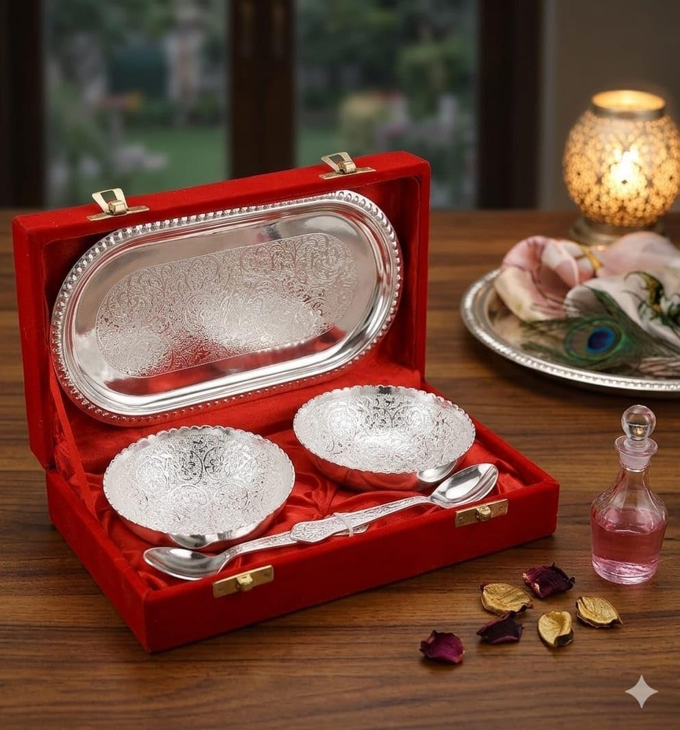 ELIKRAFT German Silver Floral Engraved Dry Fruit Serving Set with Velvet Box - Decorative Bowls and Tray Gift Set - back view