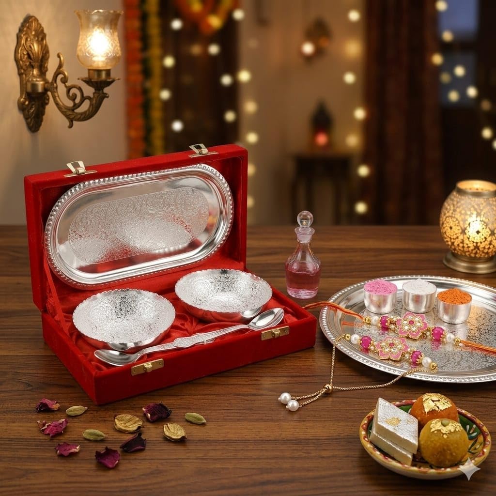 ELIKRAFT German Silver Floral Engraved Dry Fruit Serving Set with Velvet Box - Decorative Bowls and Tray Gift Set (13)