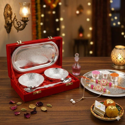 ELIKRAFT German Silver Floral Engraved Dry Fruit Serving Set with Velvet Box - Decorative Bowls and Tray Gift Set (13)