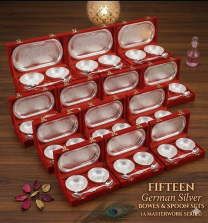 ELIKRAFT German Silver Floral Engraved Dry Fruit Serving Set with Velvet Box - Decorative Bowls and Tray Gift Set - front vie
