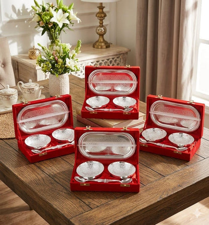 ELIKRAFT German Silver Floral Engraved Dry Fruit Serving Set with Velvet Box - Decorative Bowls and Tray Gift Set - back view