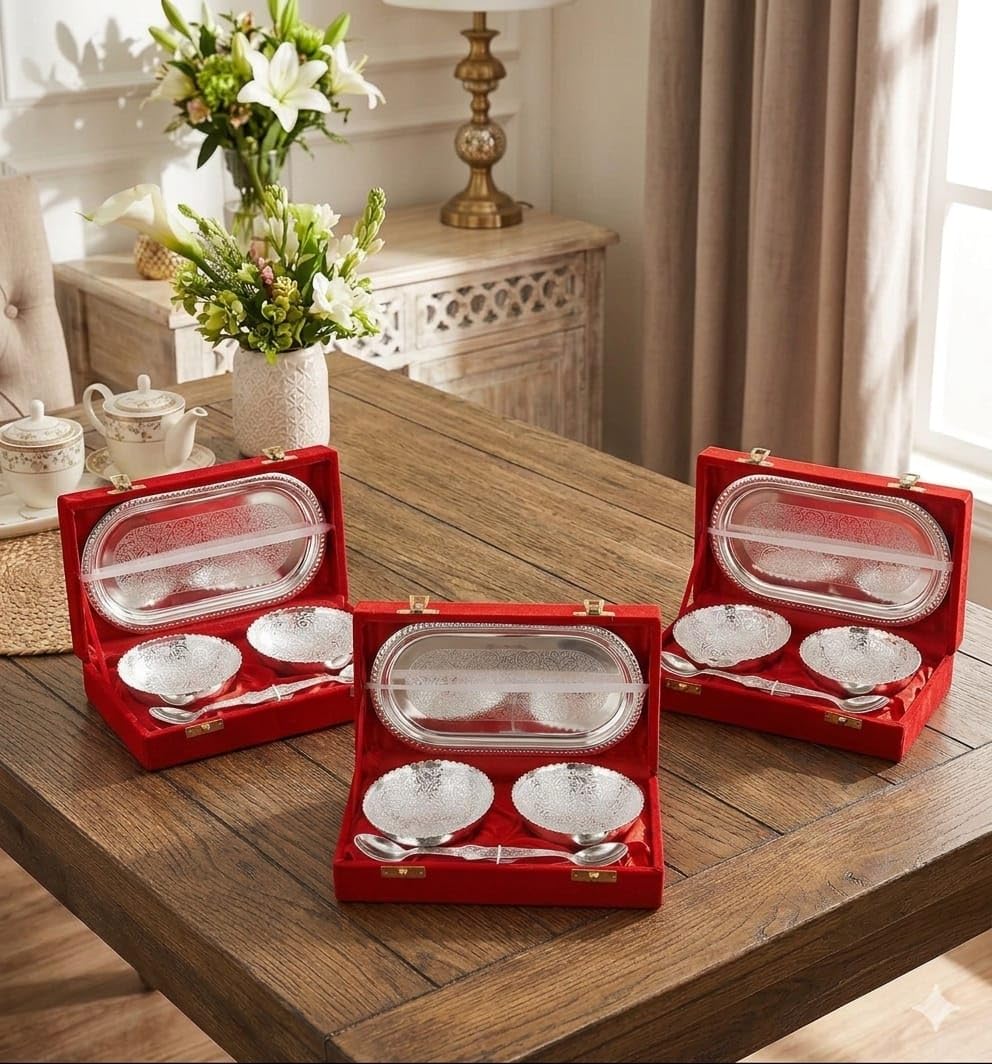 ELIKRAFT German Silver Floral Engraved Dry Fruit Serving Set with Velvet Box - Decorative Bowls and Tray Gift Set - packaging