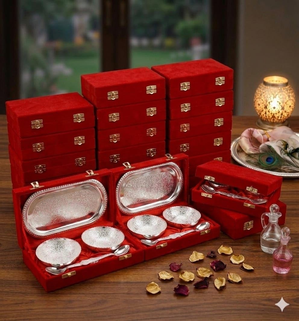 ELIKRAFT German Silver Floral Engraved Dry Fruit Serving Set with Velvet Box - Decorative Bowls and Tray Gift Set - ingredien