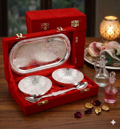 ELIKRAFT German Silver Floral Engraved Dry Fruit Serving Set with Velvet Box - Decorative Bowls and Tray Gift Set - close-up
