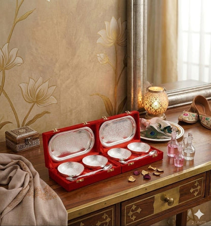 ELIKRAFT German Silver Floral Engraved Dry Fruit Serving Set with Velvet Box - Decorative Bowls and Tray Gift Set - in use