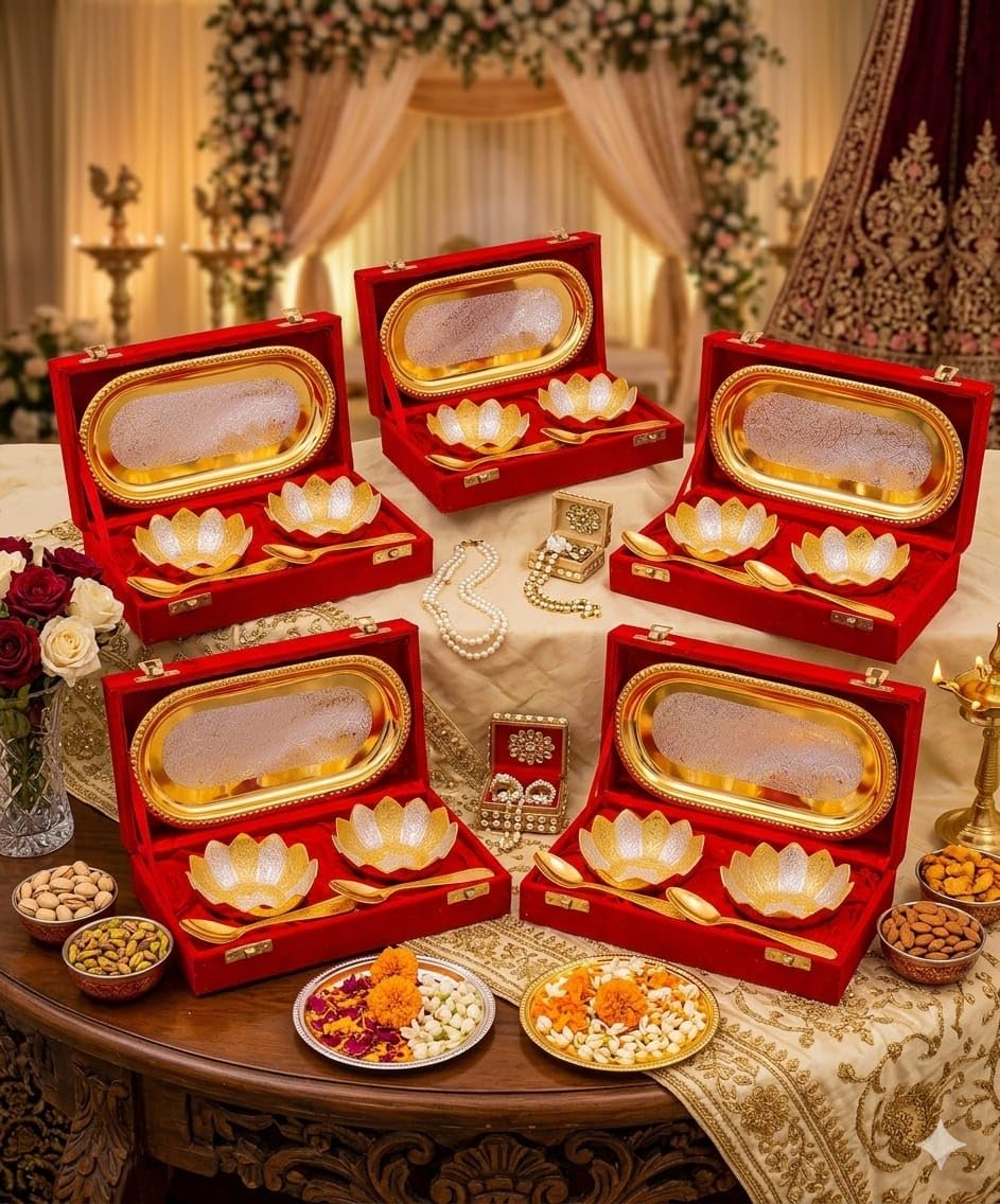 ELIKRAFT German Silver Floral Engraved Dry Fruit Serving Set with Velvet Box - Decorative Bowls and Tray Gift Set - front vie