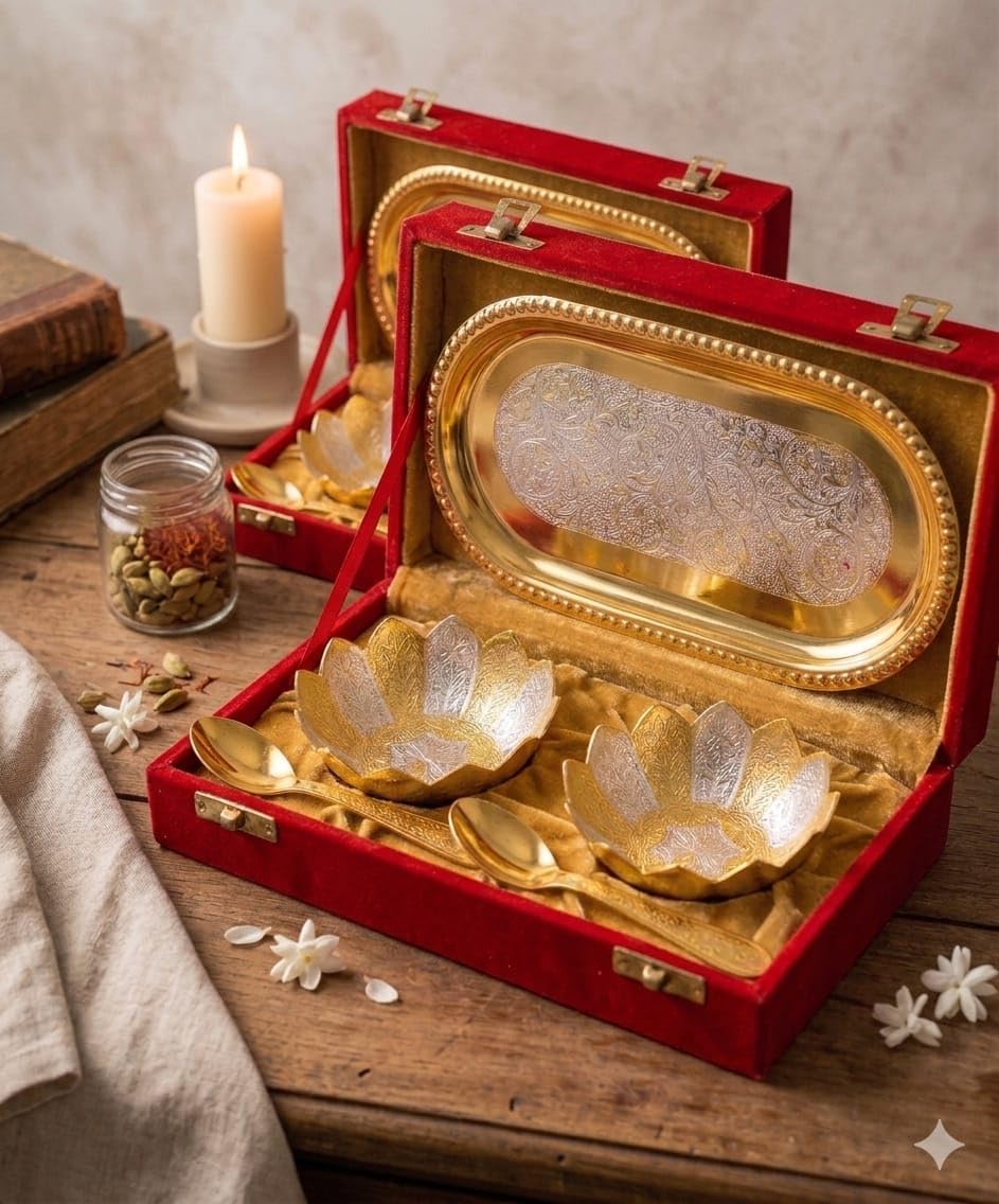 ELIKRAFT German Silver Floral Engraved Dry Fruit Serving Set with Velvet Box - Decorative Bowls and Tray Gift Set - packaging