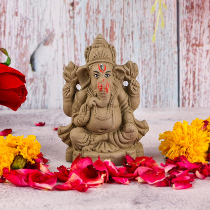 ELIKRAFT Mitti Ganesh Idol, Eco-Friendly Natural Clay Ganesha Figurine for Puja and Visarjan, Biodegradable