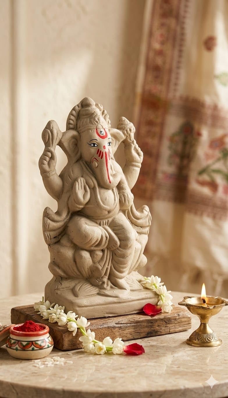 ELIKRAFT Mitti Ganesh Idol, Eco-Friendly Natural Clay Ganesha Figurine for Puja and Visarjan, Biodegradable - back view (11)